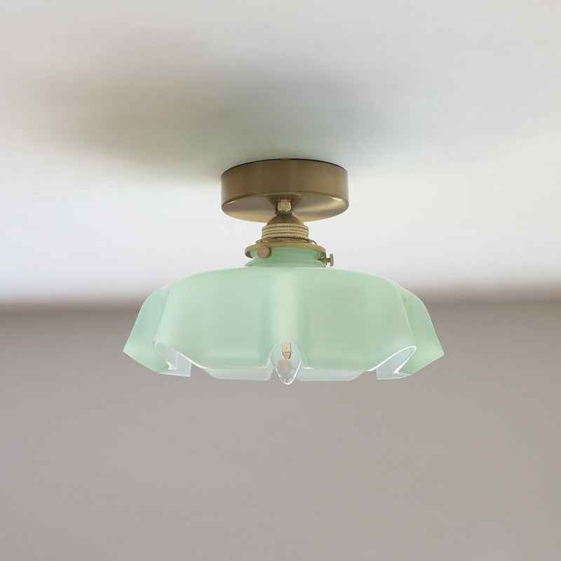 Classic French Brass and Glass Round 1-Light Semi-Flush Mount Ceiling Light for Hallway