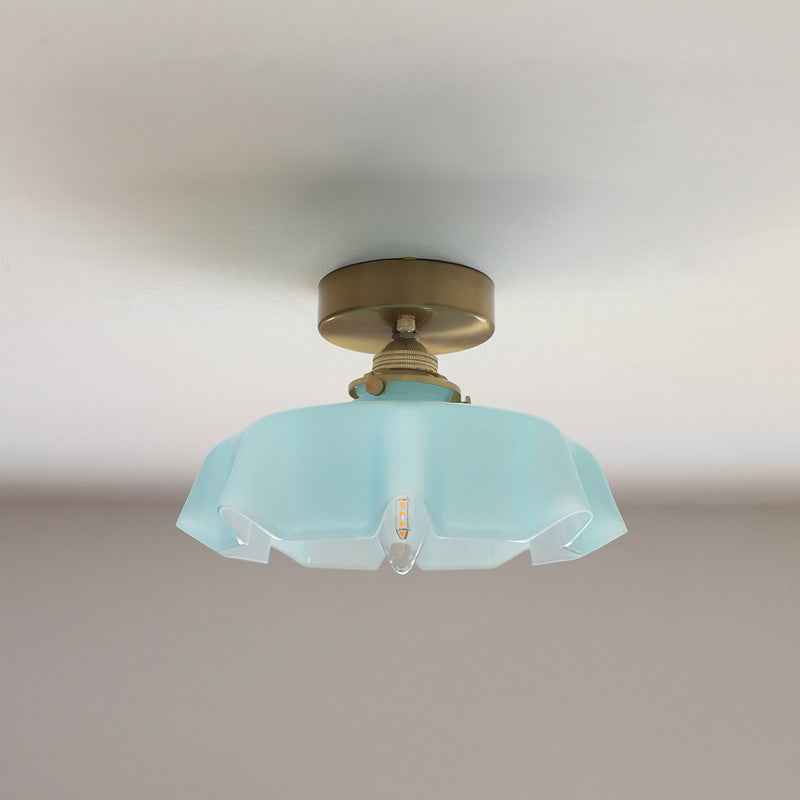 Classic French Brass and Glass Round 1-Light Semi-Flush Mount Ceiling Light for Hallway