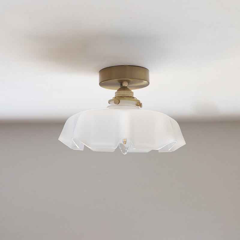 Classic French Brass and Glass Round 1-Light Semi-Flush Mount Ceiling Light for Hallway