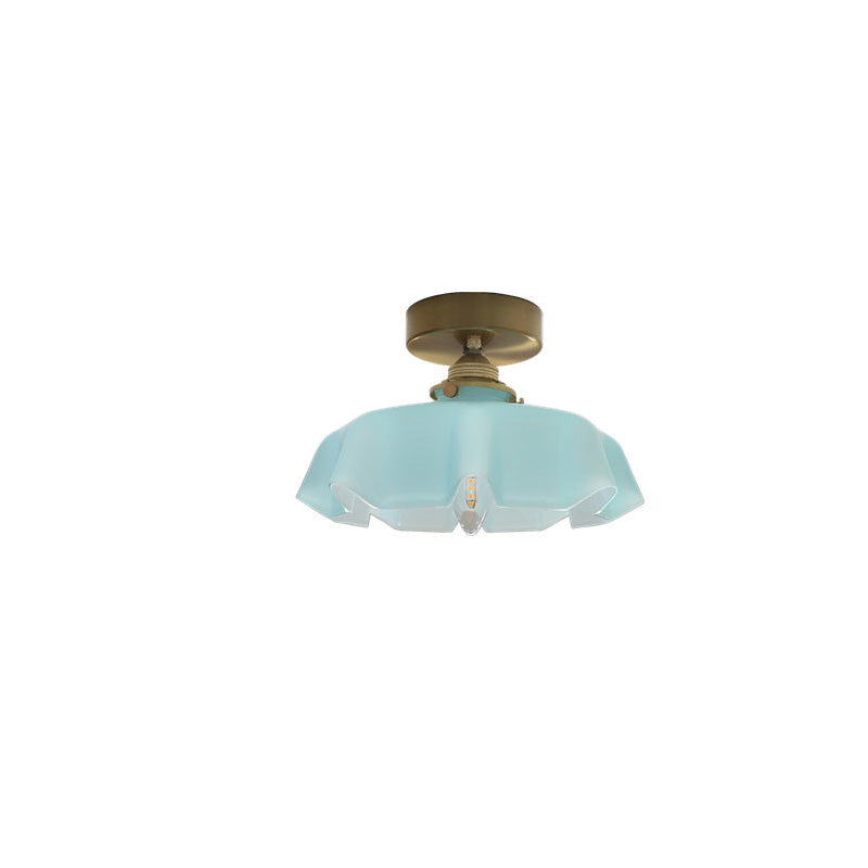 Classic French Brass and Glass Round 1-Light Semi-Flush Mount Ceiling Light for Hallway