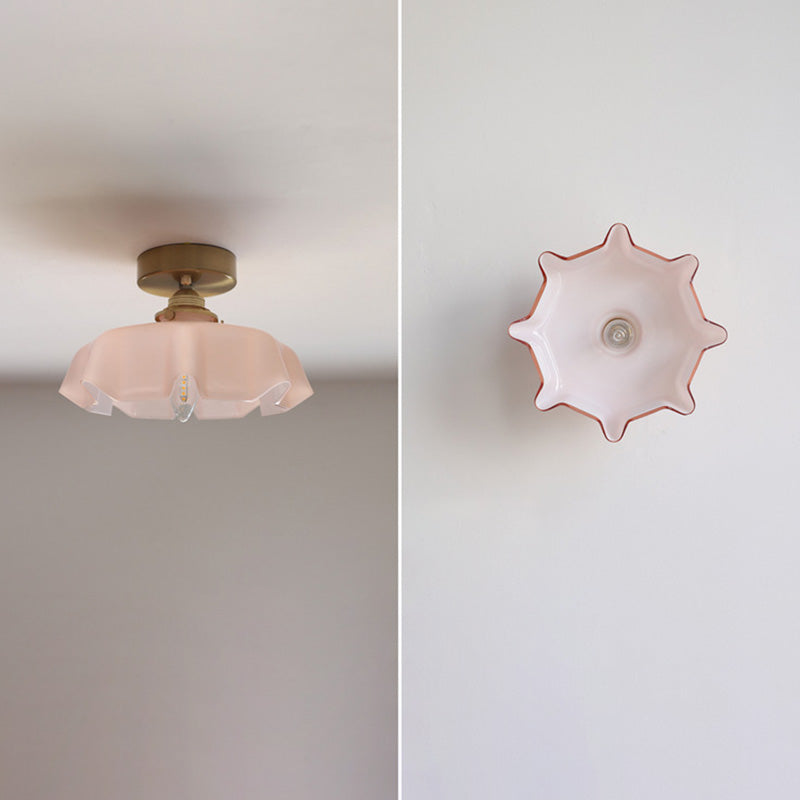 Classic French Brass and Glass Round 1-Light Semi-Flush Mount Ceiling Light for Hallway