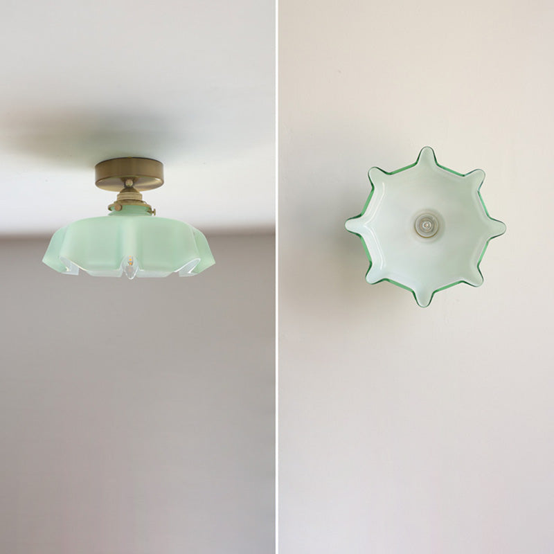 Classic French Brass and Glass Round 1-Light Semi-Flush Mount Ceiling Light for Hallway