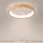 Traditional Japanese Solid Wood and Iron Round Hollow LED Flush Mount Ceiling Fan Light for Bedroom