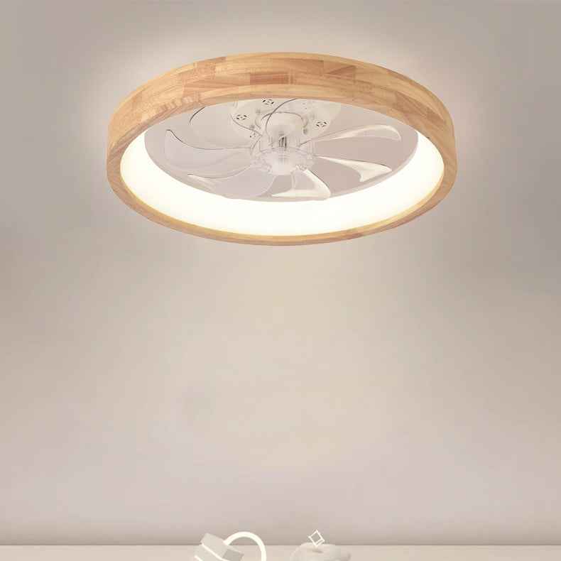 Traditional Japanese Solid Wood and Iron Round Hollow LED Flush Mount Ceiling Fan Light for Bedroom