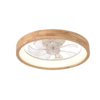 Traditional Japanese Solid Wood and Iron Round Hollow LED Flush Mount Ceiling Fan Light for Bedroom