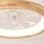 Traditional Japanese Solid Wood and Iron Round Hollow LED Flush Mount Ceiling Fan Light for Bedroom