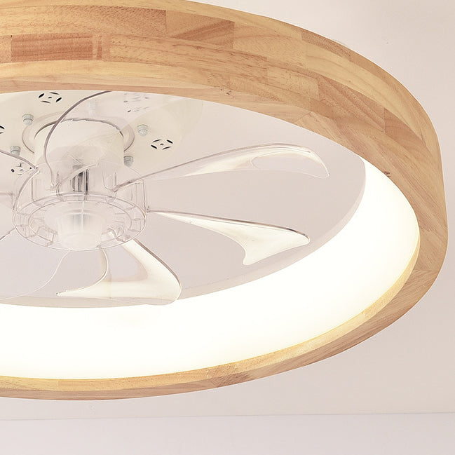 Traditional Japanese Solid Wood and Iron Round Hollow LED Flush Mount Ceiling Fan Light for Bedroom