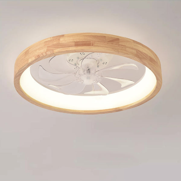Traditional Japanese Solid Wood and Iron Round Hollow LED Flush Mount Ceiling Fan Light for Bedroom