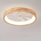 Traditional Japanese Solid Wood and Iron Round Hollow LED Flush Mount Ceiling Fan Light for Bedroom