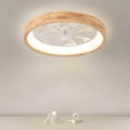 Traditional Japanese Solid Wood and Iron Round Hollow LED Flush Mount Ceiling Fan Light for Bedroom