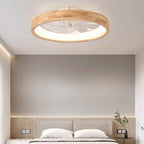 Traditional Japanese Solid Wood and Iron Round Hollow LED Flush Mount Ceiling Fan Light for Bedroom
