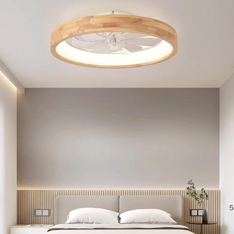 Traditional Japanese Solid Wood and Iron Round Hollow LED Flush Mount Ceiling Fan Light for Bedroom