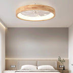 Traditional Japanese Solid Wood and Iron Round Hollow LED Flush Mount Ceiling Fan Light for Bedroom