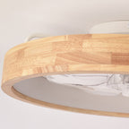 Traditional Japanese Solid Wood and Iron Round Hollow LED Flush Mount Ceiling Fan Light for Bedroom
