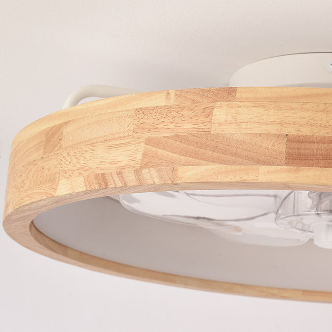 Traditional Japanese Solid Wood and Iron Round Hollow LED Flush Mount Ceiling Fan Light for Bedroom