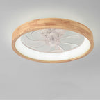 Traditional Japanese Solid Wood and Iron Round Hollow LED Flush Mount Ceiling Fan Light for Bedroom