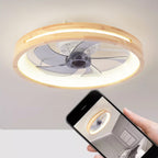 Traditional Japanese Solid Wood and Iron Round Hollow LED Flush Mount Ceiling Fan Light for Bedroom