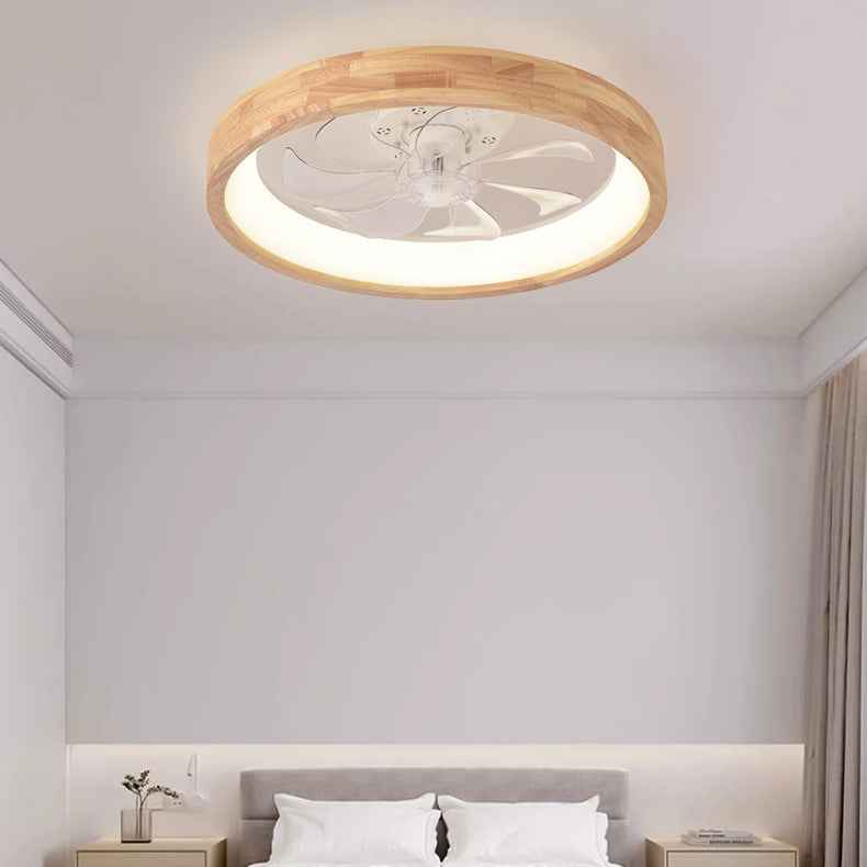 Traditional Japanese Solid Wood and Iron Round Hollow LED Flush Mount Ceiling Fan Light for Bedroom