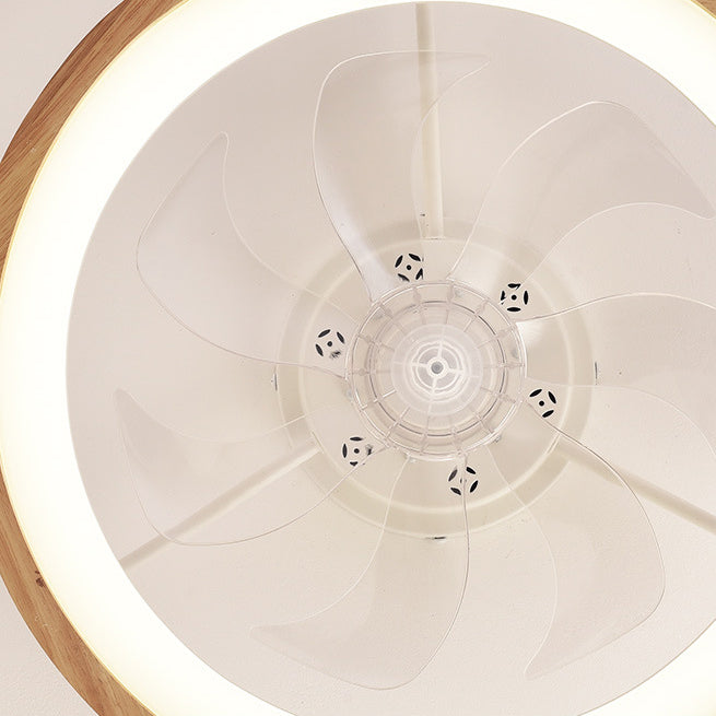 Traditional Japanese Solid Wood and Iron Round Hollow LED Flush Mount Ceiling Fan Light for Bedroom