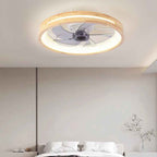 Traditional Japanese Solid Wood and Iron Round Hollow LED Flush Mount Ceiling Fan Light for Bedroom