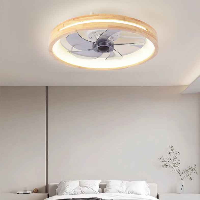 Traditional Japanese Solid Wood and Iron Round Hollow LED Flush Mount Ceiling Fan Light for Bedroom