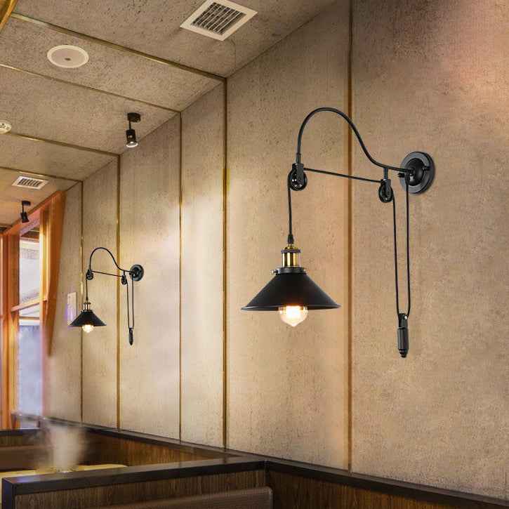 Vintage Industrial Wrought Iron Single-Light Pulley Wall Sconce