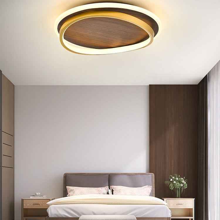 Nordic Minimalist Round Walnut Grain LED Flush Mount Ceiling Light