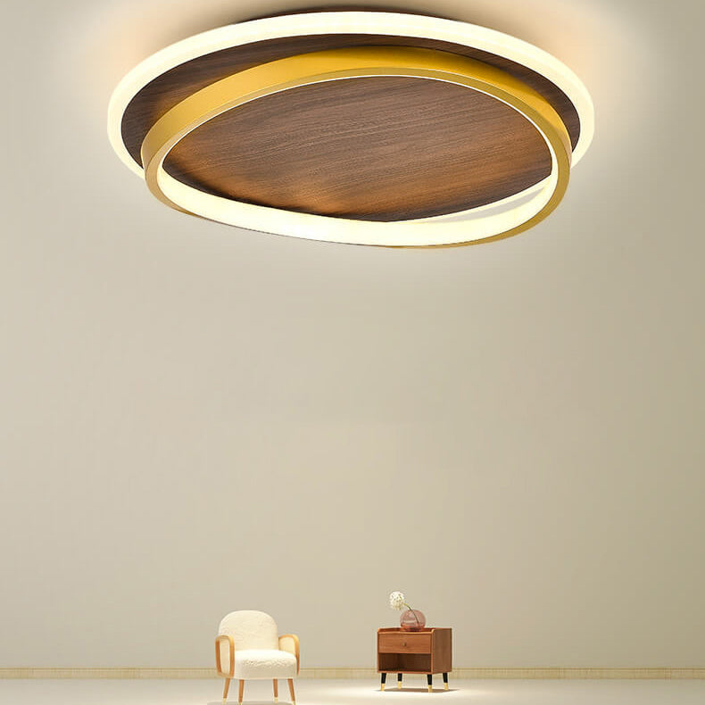 Nordic Minimalist Round Walnut Grain LED Flush Mount Ceiling Light