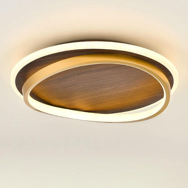 Nordic Minimalist Round Walnut Grain LED Flush Mount Ceiling Light