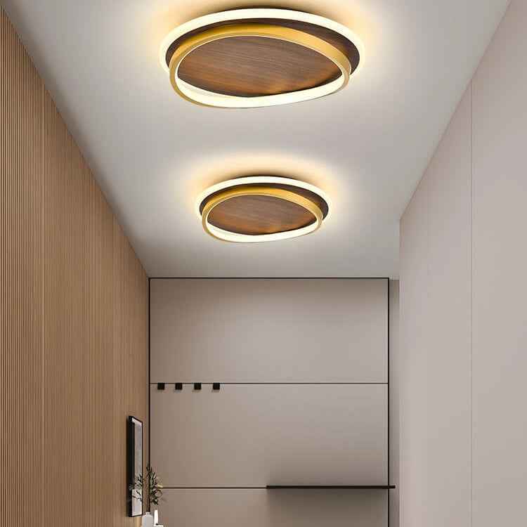Nordic Minimalist Round Walnut Grain LED Flush Mount Ceiling Light