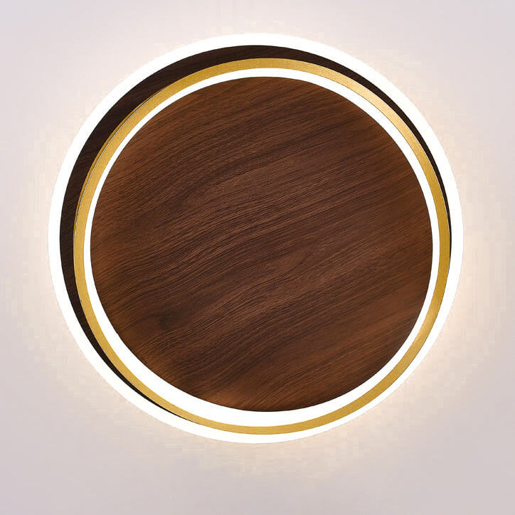 Nordic Minimalist Round Walnut Grain LED Flush Mount Ceiling Light