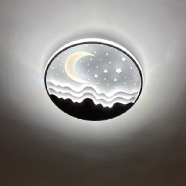 Nordic-Inspired Round Aluminum LED Flush Mount Ceiling Light with Star and Moon Design