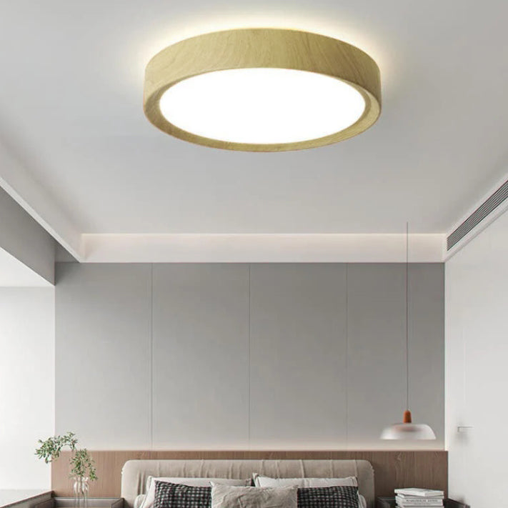 Contemporary Round Iron LED Flush Mount Ceiling Light with Wood Grain Finish