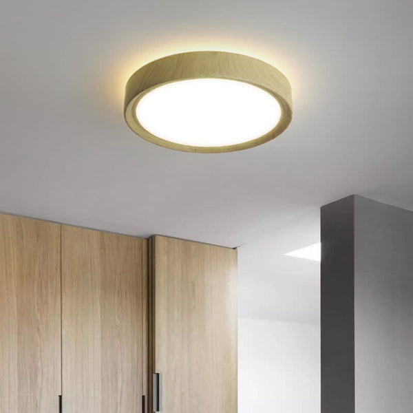 Contemporary Round Iron LED Flush Mount Ceiling Light with Wood Grain Finish