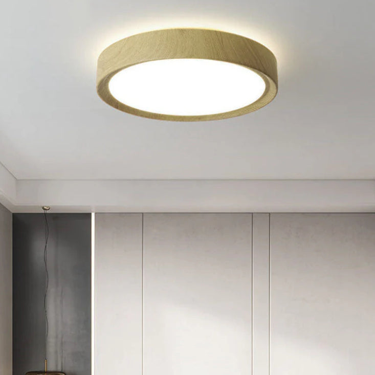 Contemporary Round Iron LED Flush Mount Ceiling Light with Wood Grain Finish