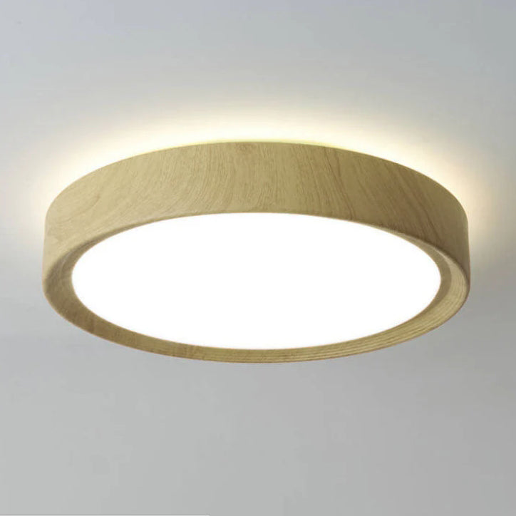 Contemporary Round Iron LED Flush Mount Ceiling Light with Wood Grain Finish