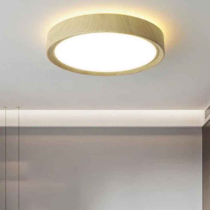 Contemporary Round Iron LED Flush Mount Ceiling Light with Wood Grain Finish