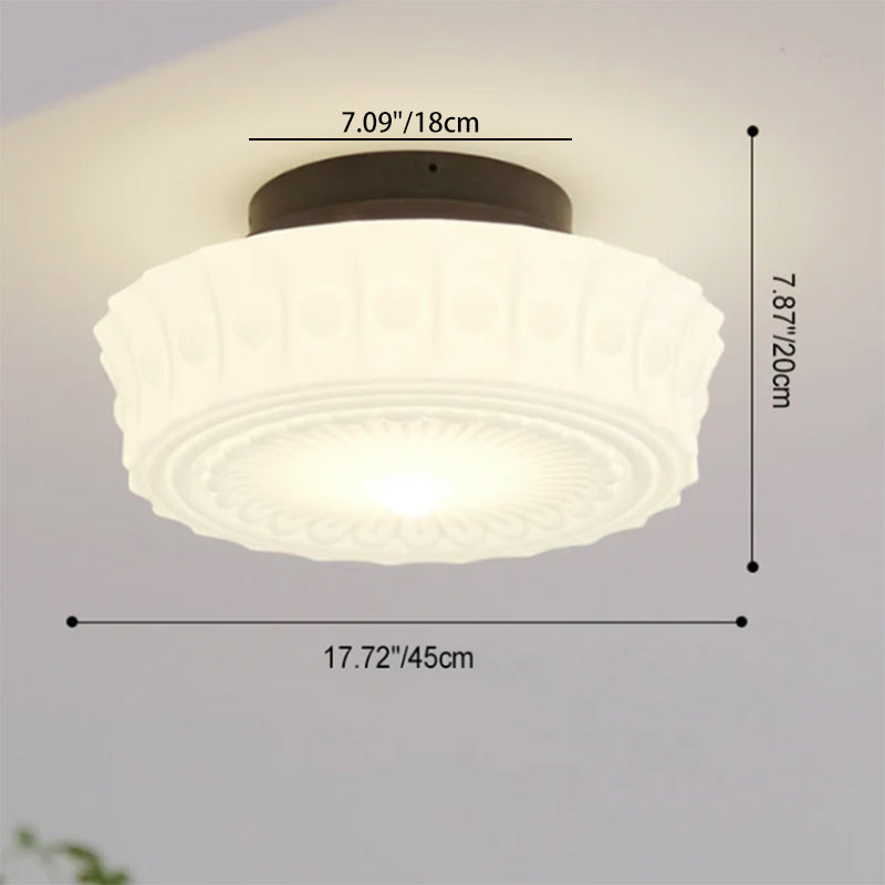 Vintage French White Jade Glass Striped Round Drum LED Semi-Flush Mount Ceiling Light
