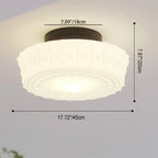 Vintage French White Jade Glass Striped Round Drum LED Semi-Flush Mount Ceiling Light