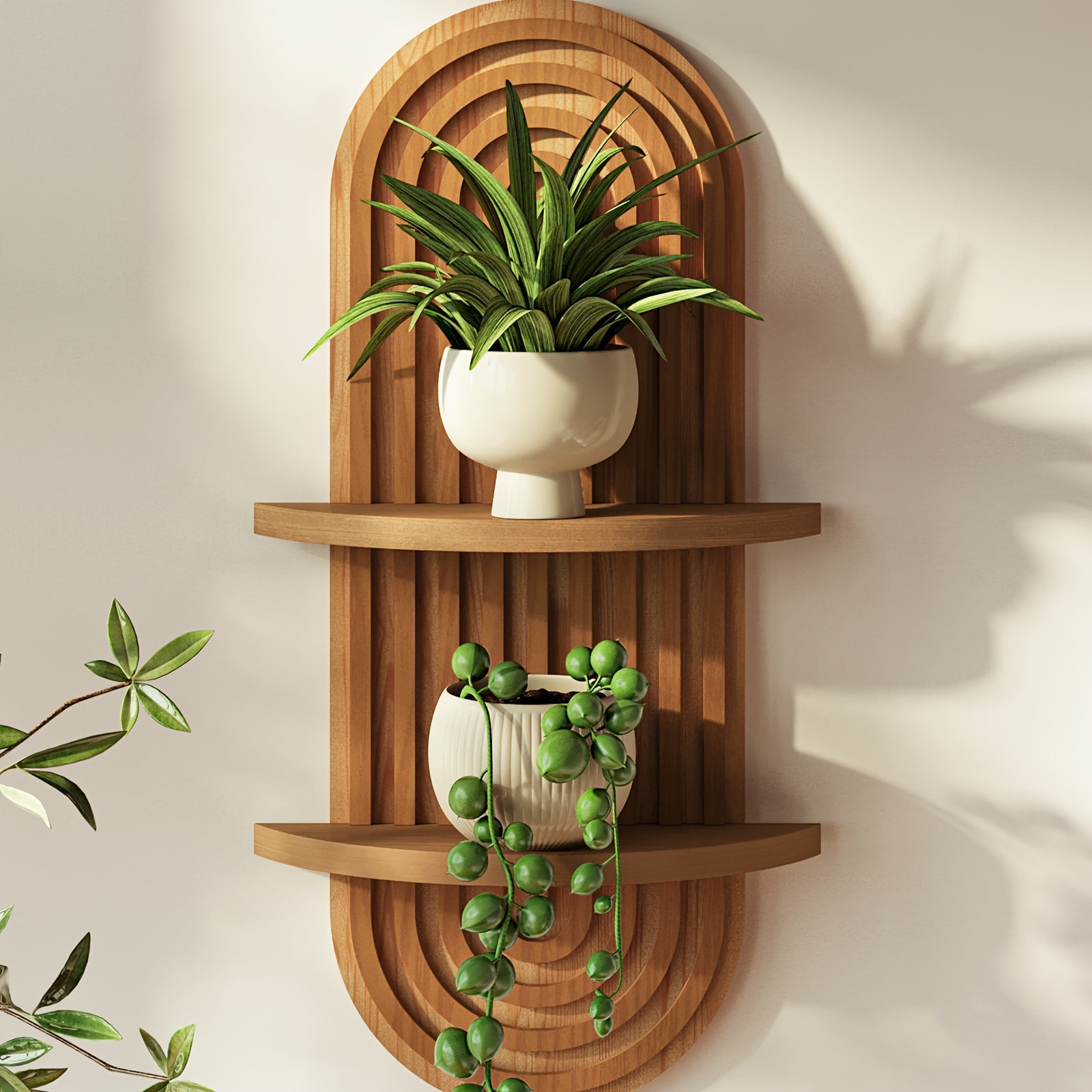 BamRustikal: 2-Tier Wooden Wall Shelf – Decorative, Floating & Hanging in Boho Style for Plants in Living Room & Bedroom