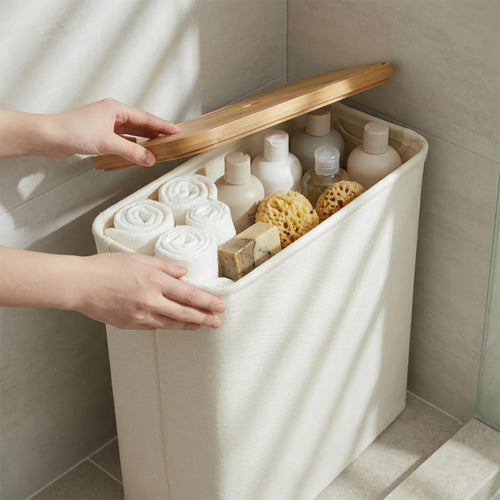 Bathroom Storage Basket, Bamboo and Fabric, Lidded, 12-Roll Capacity