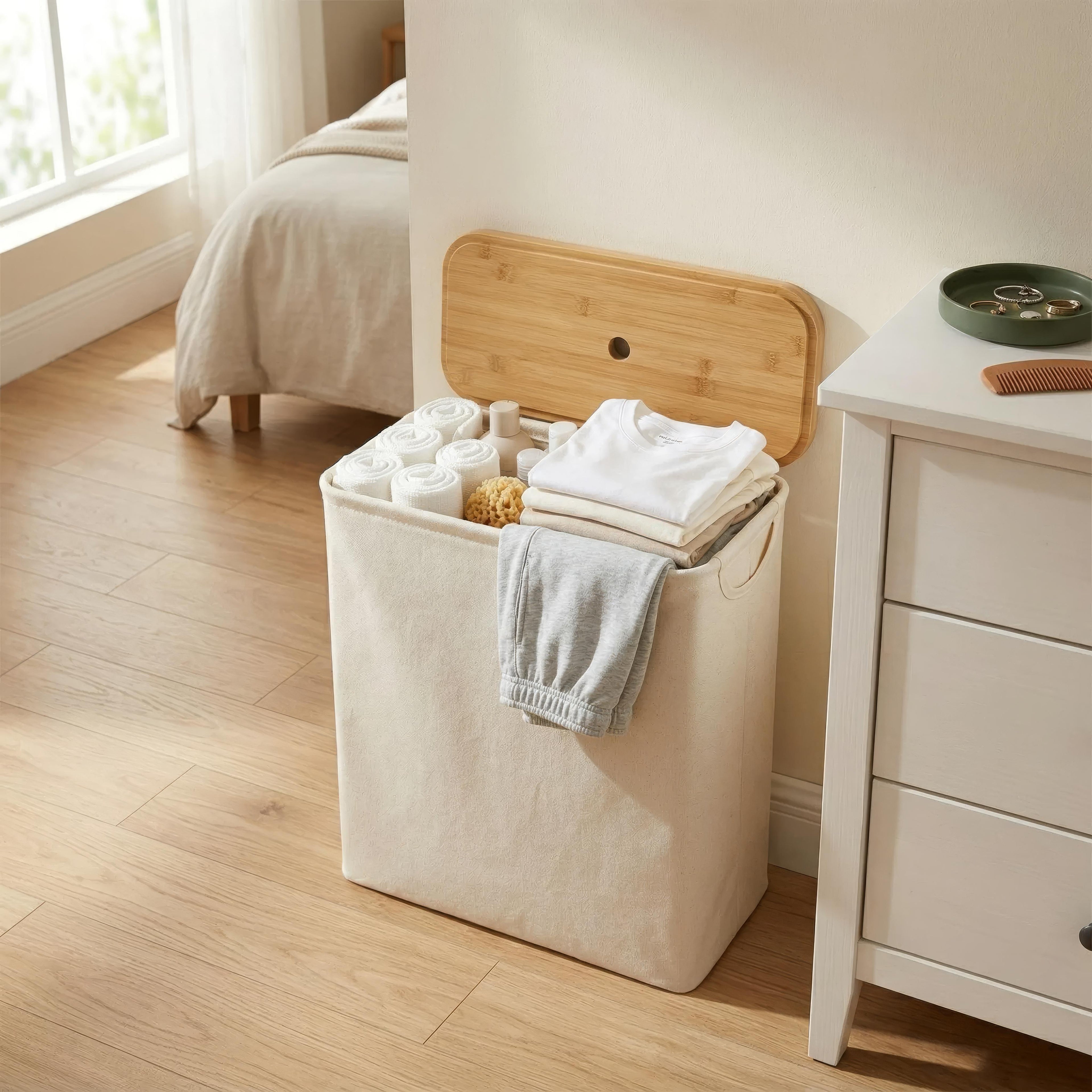 Bathroom Storage Basket, Bamboo and Fabric, Lidded, 12-Roll Capacity