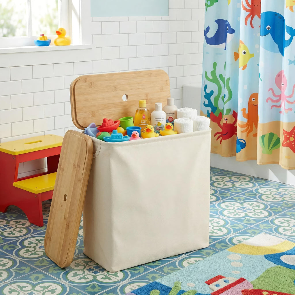 Bathroom Storage Basket, Bamboo and Fabric, Lidded, 12-Roll Capacity