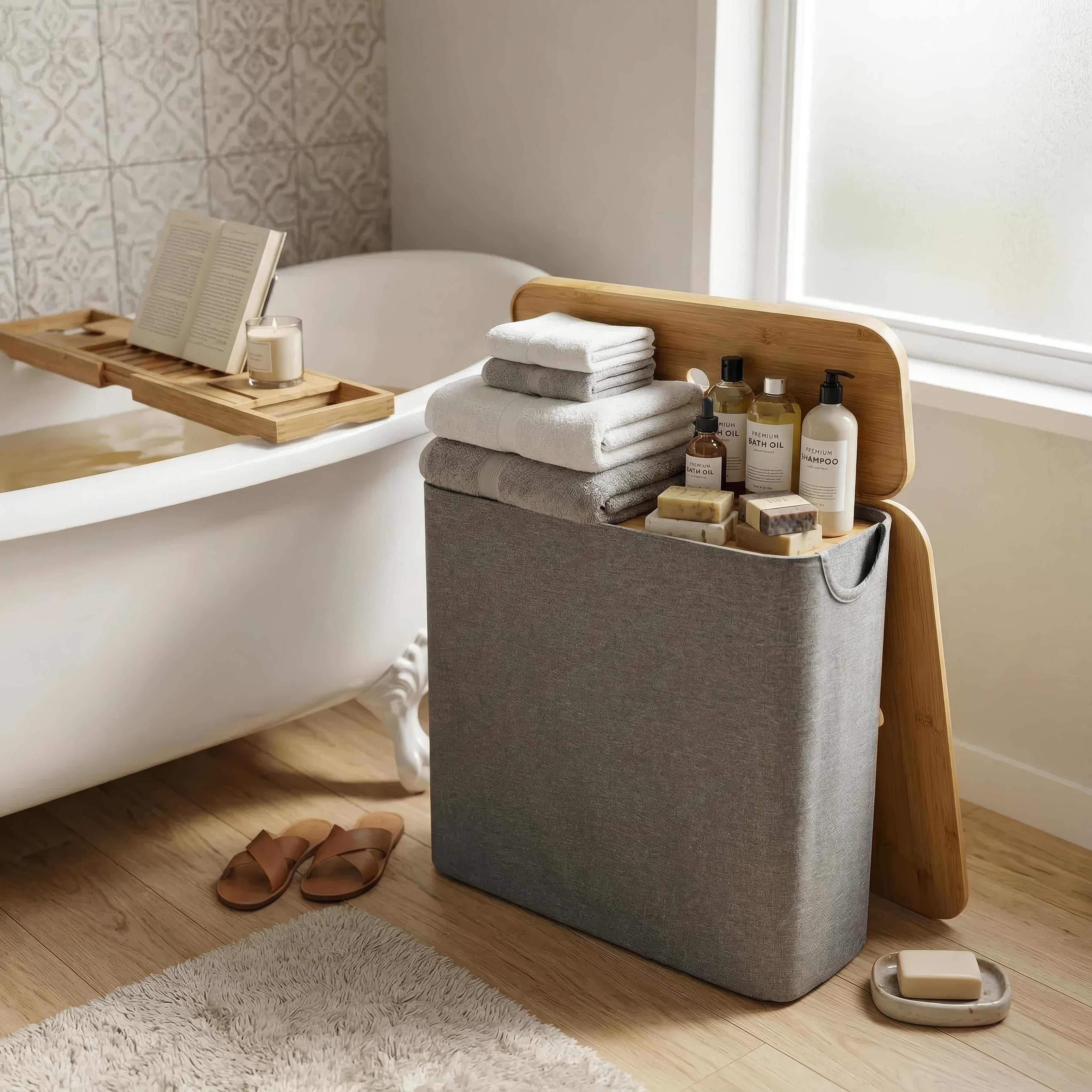 Bathroom Storage Basket, Bamboo and Fabric, Lidded, 12-Roll Capacity