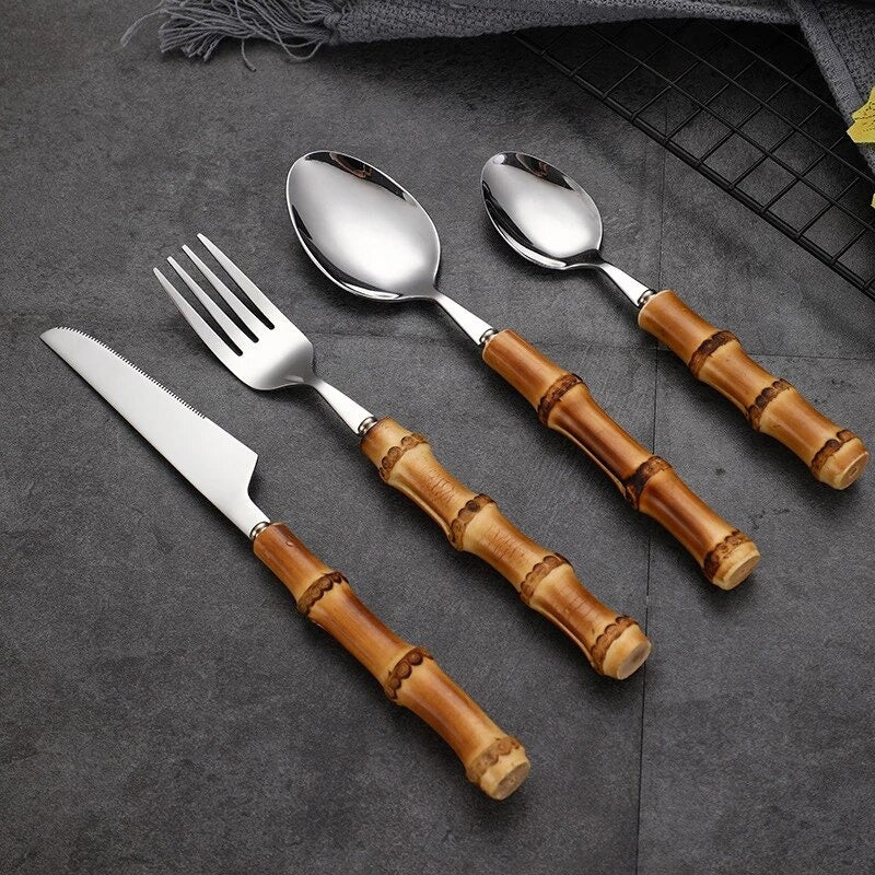 Flatware Set, Stainless Steel, Bamboo Handle, 16 Piece