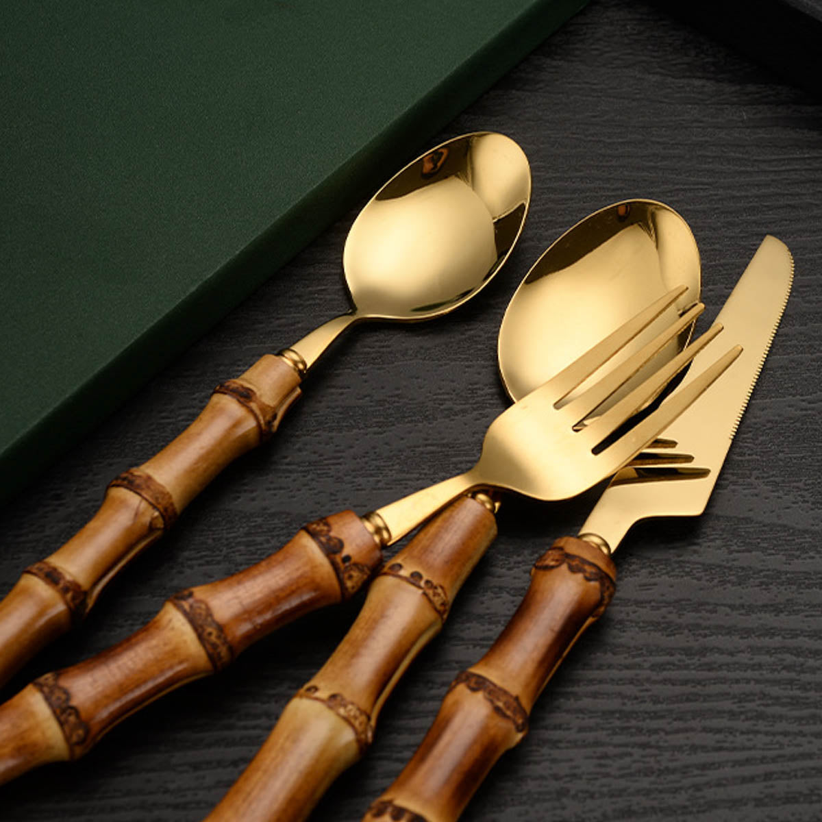 Flatware Set, Stainless Steel, Bamboo Handle, 16 Piece