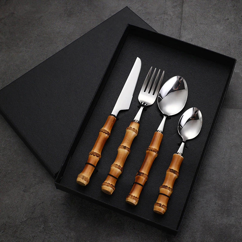 Flatware Set, Stainless Steel, Bamboo Handle, 16 Piece