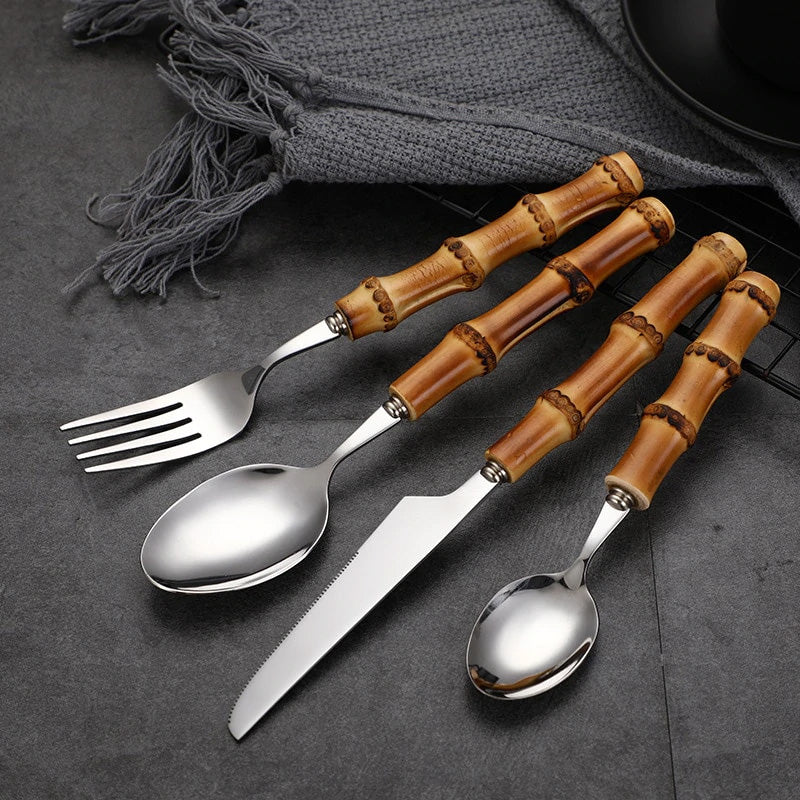 Flatware Set, Stainless Steel, Bamboo Handle, 16 Piece