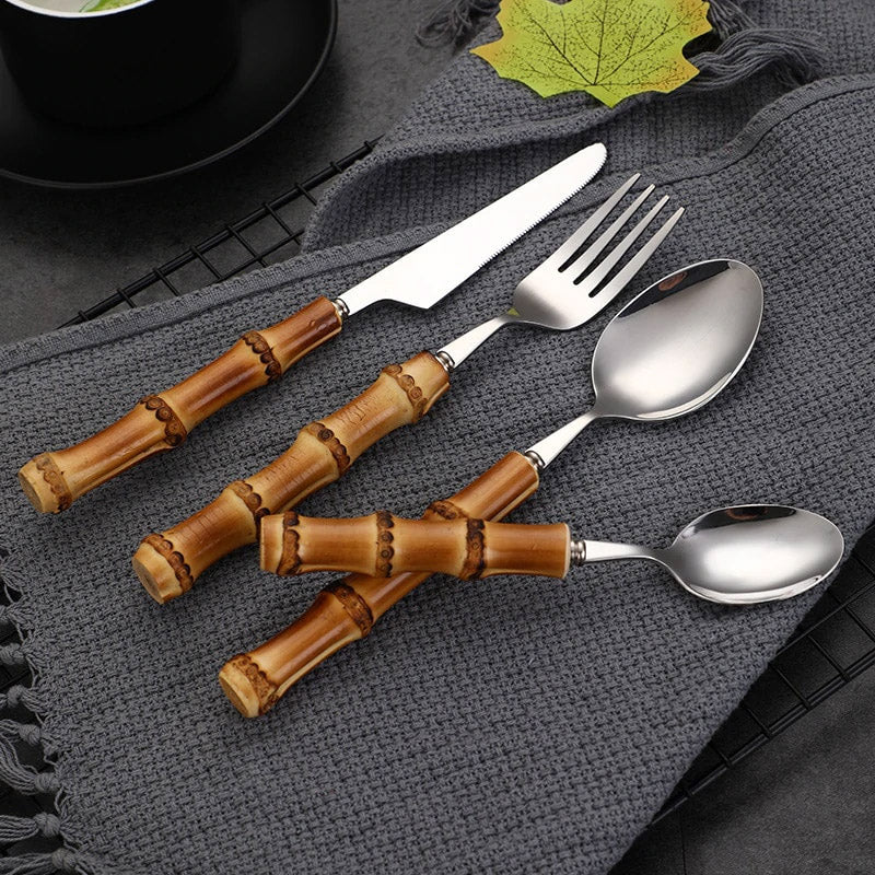 Flatware Set, Stainless Steel, Bamboo Handle, 16 Piece