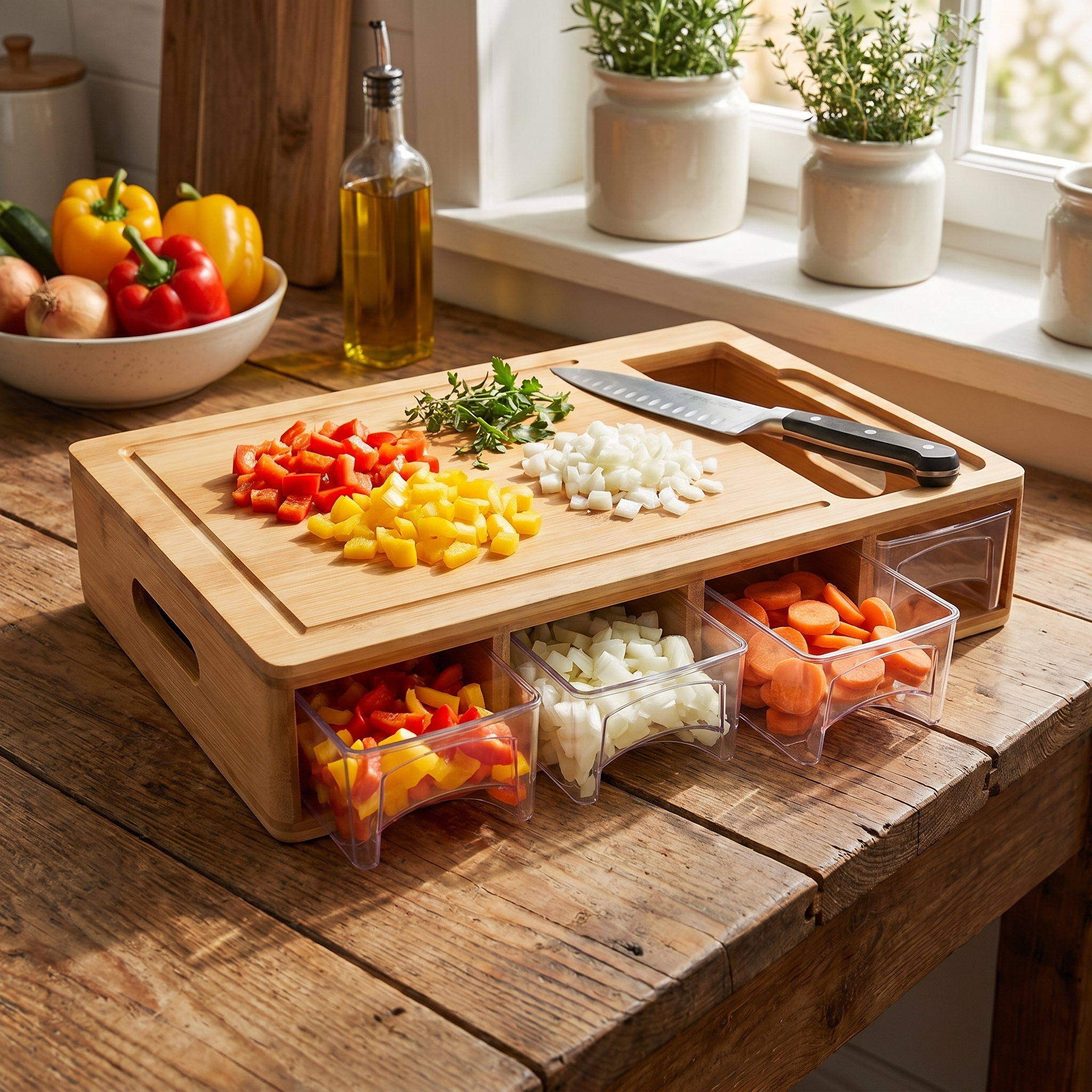 Cutting Board Bamboo Surface Stainless Steel Grater Attachments Storage Drawers
